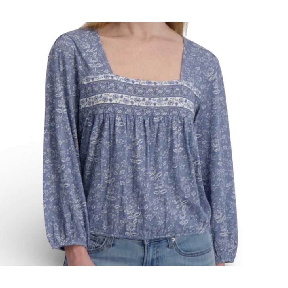 Lucky Brand L Blouse Long Sleeve Boho Floral Prairie Blue Balloon Peasant NWT